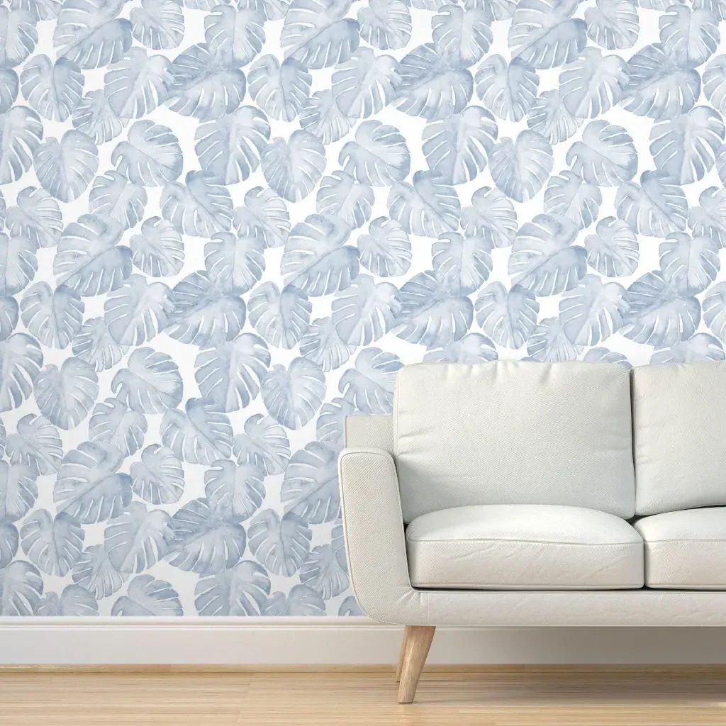 Watercolor Monstera Leaf Peel and Stick Wallpaper - Light Blue product