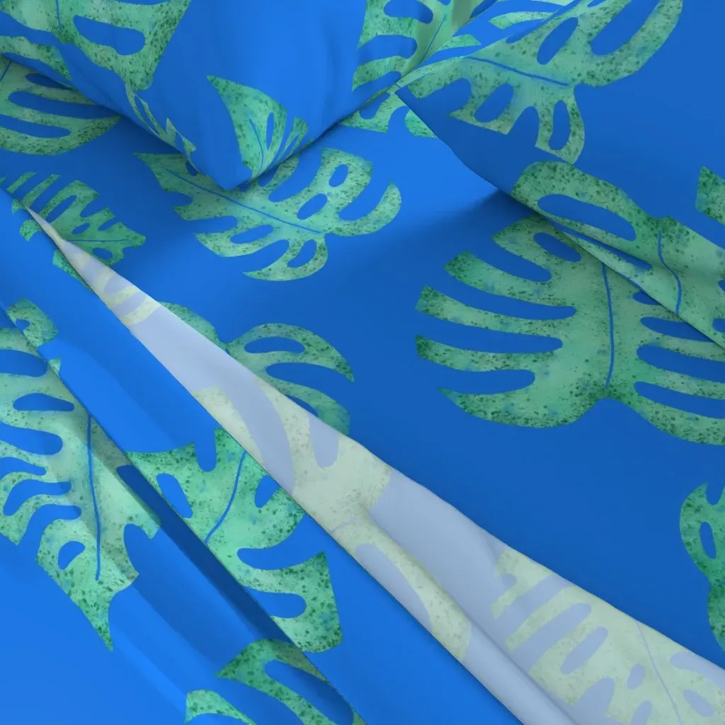 Watercolor Monstera Leaves King Sheet Set - Teal alternate view