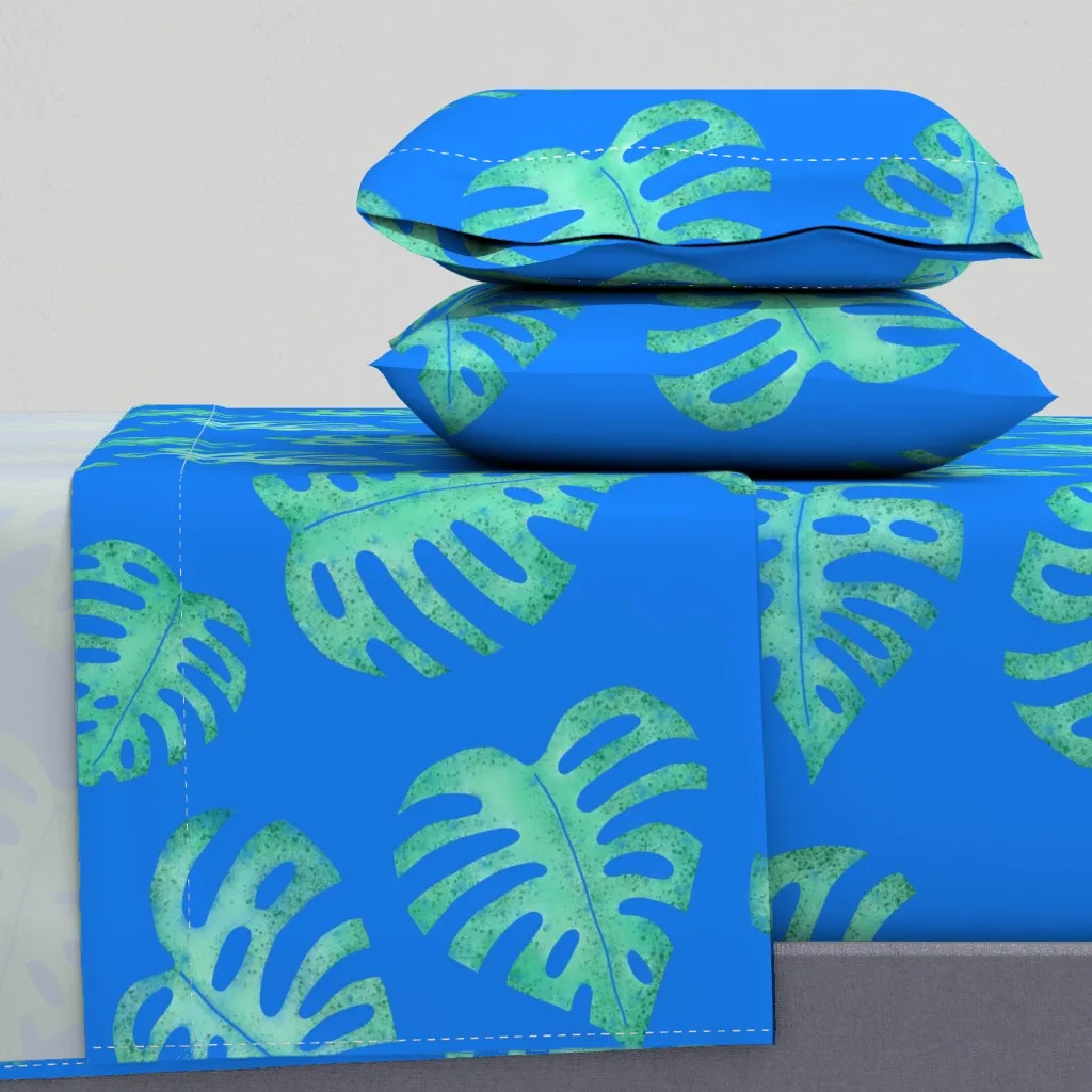 Watercolor Monstera Leaves King Sheet Set - Teal product