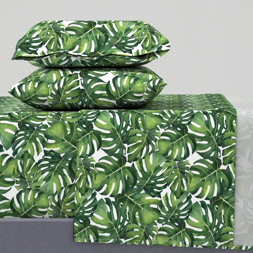 Watercolor Monstera Leaves Queen Sheet Set - Green product