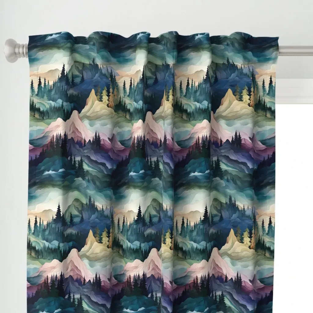 Watercolor Mountain Curtain Panel - Deep Teal alternate view
