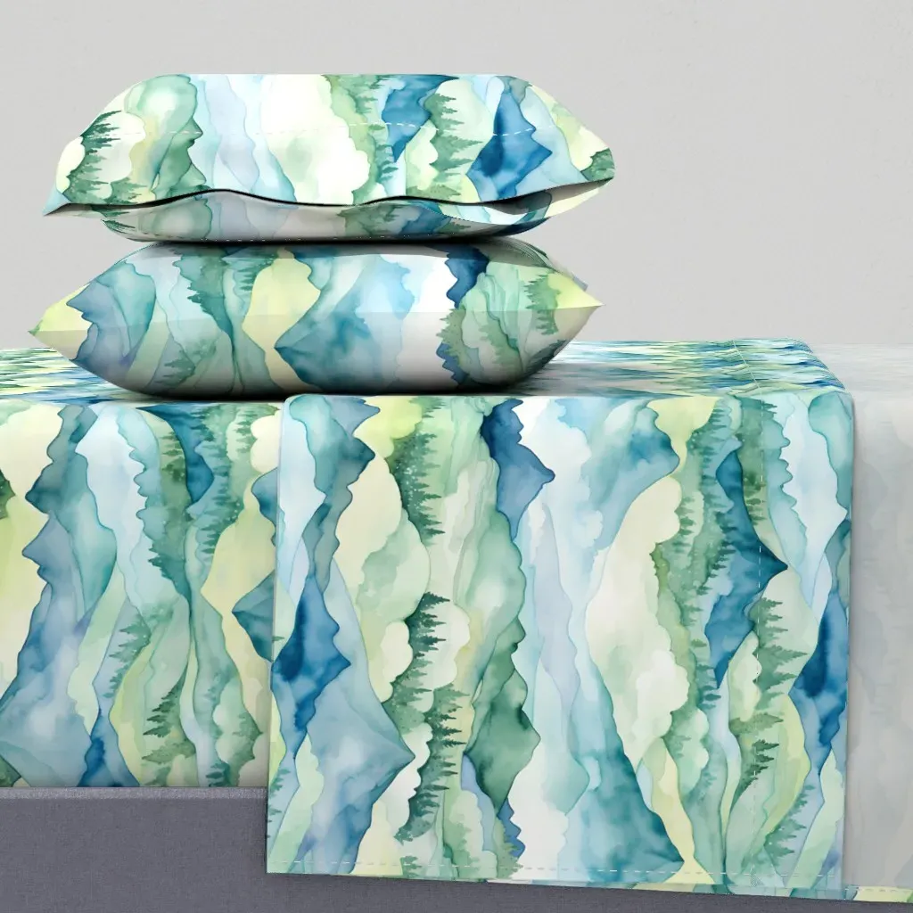 Watercolor Mountain Landscape King Size Sheet Set - Teal product