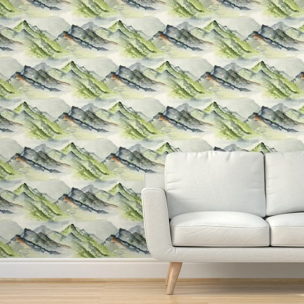 Watercolor Mountains Peel and Stick Wallpaper - Green, Ivory product