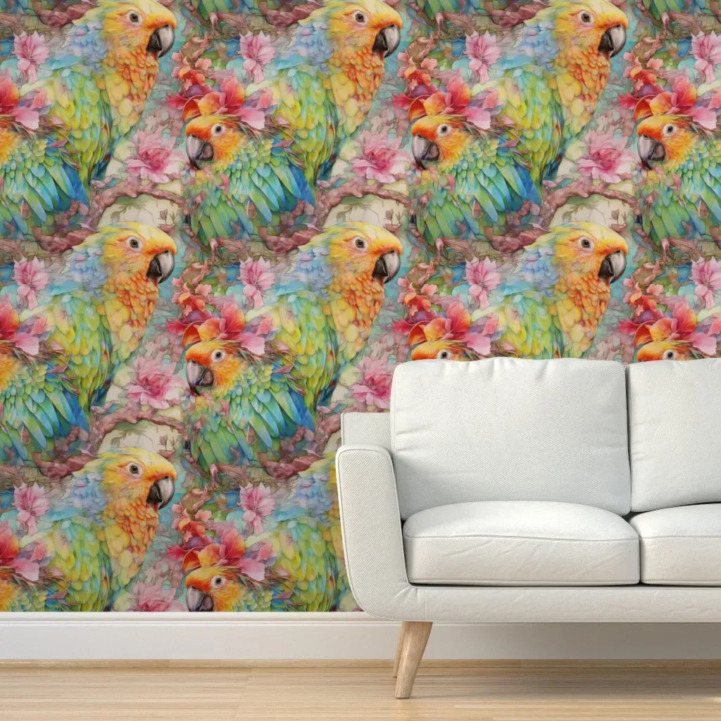 Watercolor Parrot & Flowers Peel and Stick Wallpaper - Orange product