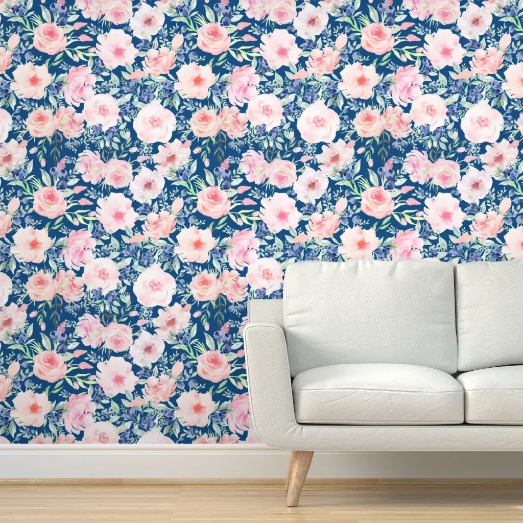 Watercolor Peonies & Foliage Peel and Stick Wallpaper - Blueberry Blue product