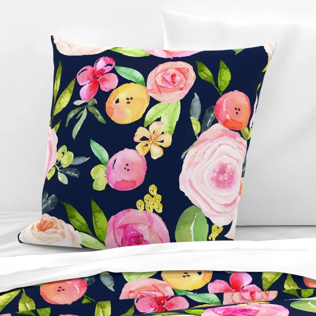 Watercolor Peonies & Poppies Navy Large Scale Euro Pillow Sham - Pink product