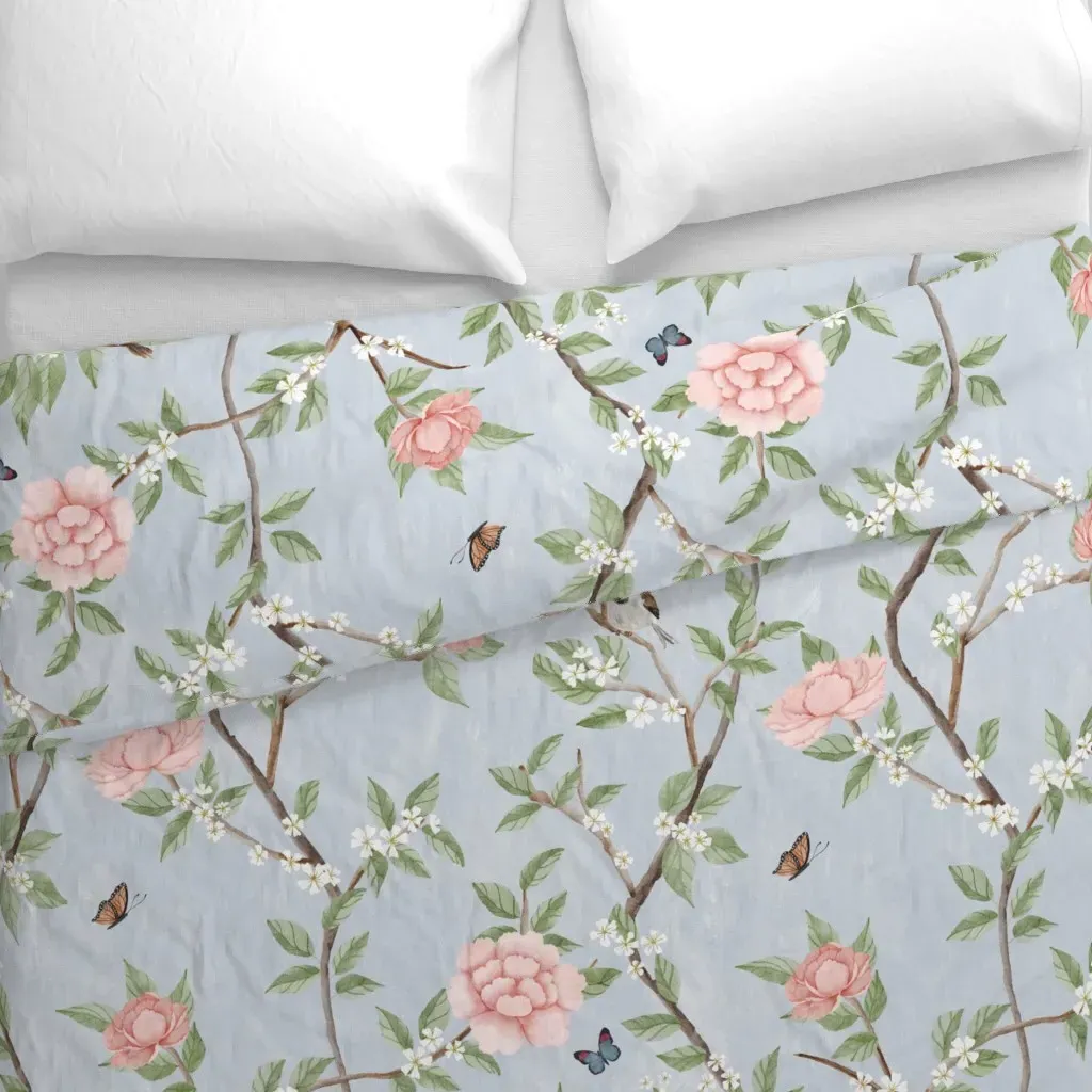 Watercolor Peony And Sparrow Duvet Cover - Pink alternate view