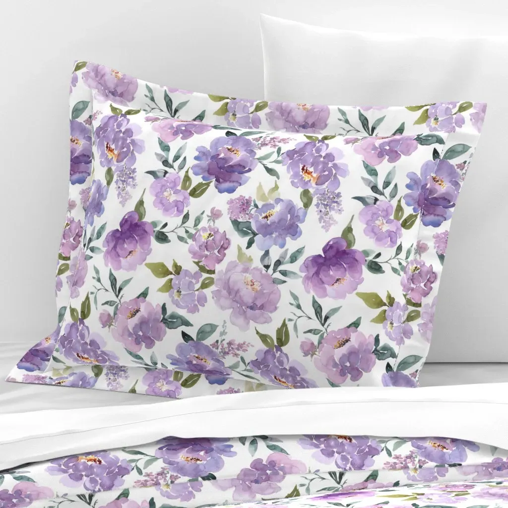 Watercolor Peony Florals Standard Flanged Pillow Sham - Lavender, Cotton Sateen product