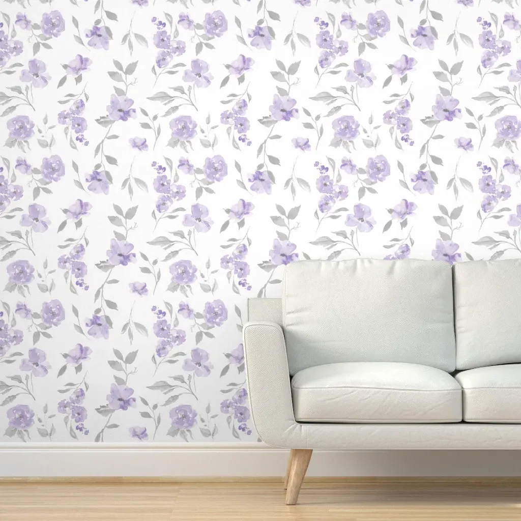 Watercolor Poppies Peel and Stick Wallpaper - Purple, Grey product