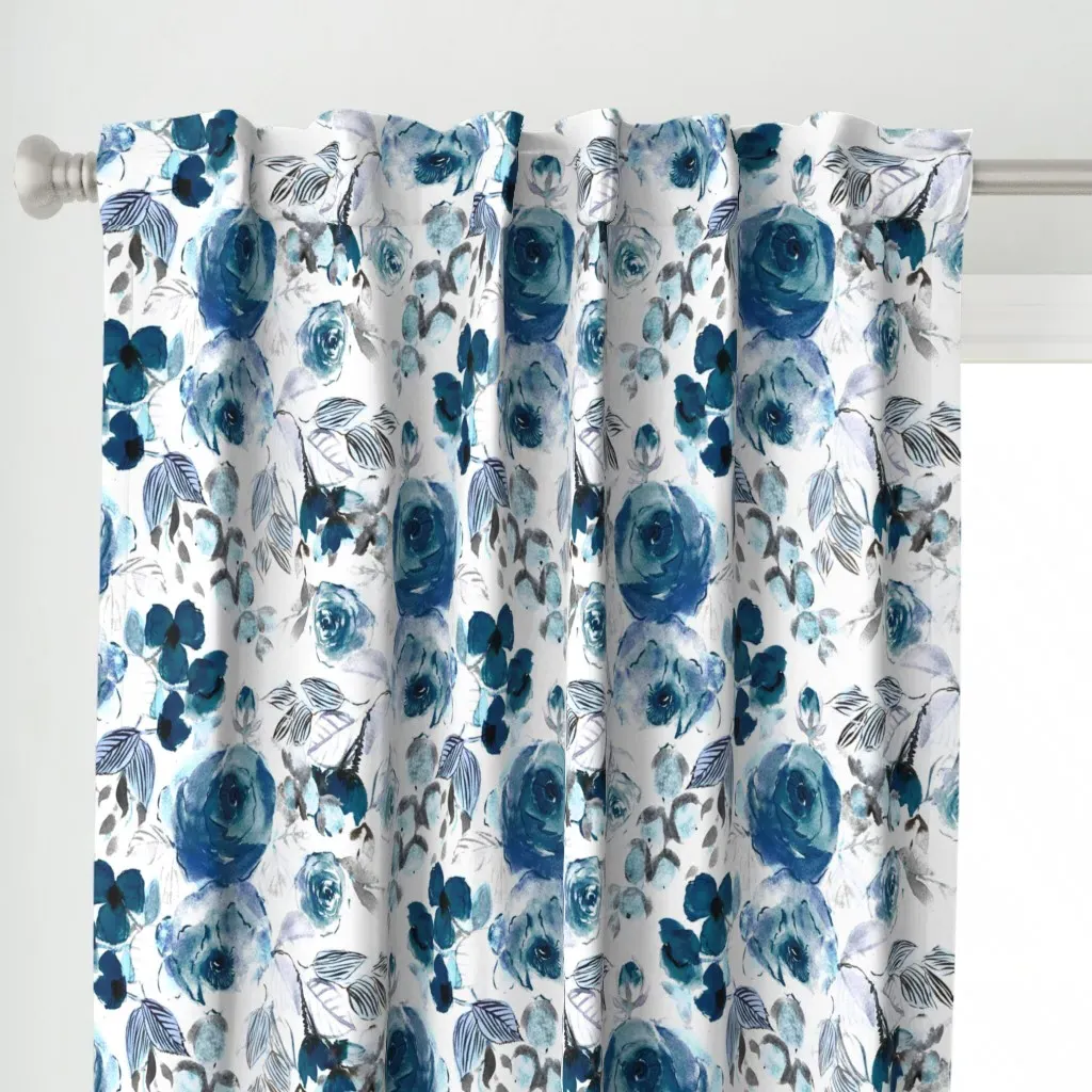 Watercolor Roses Bouquet Curtain Panel - Blue alternate view