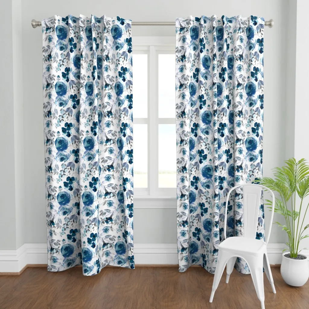 Watercolor Roses Bouquet Curtain Panel - Blue product