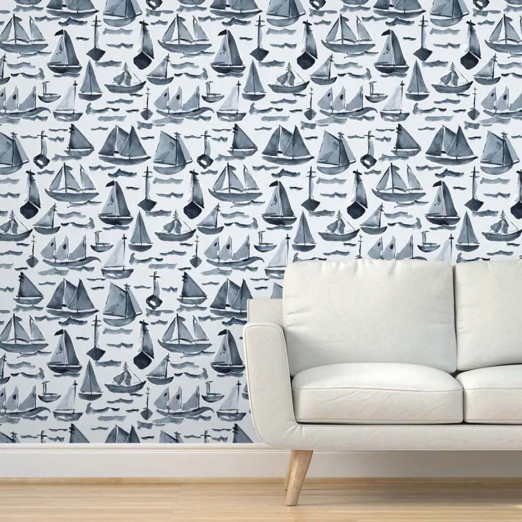 Watercolor Sail Away Peel and Stick Wallpaper - Dark Blue product