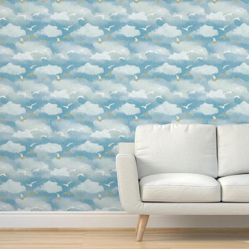 Watercolor Seagulls In The Clouds Peel and Stick Wallpaper - Light Blue product