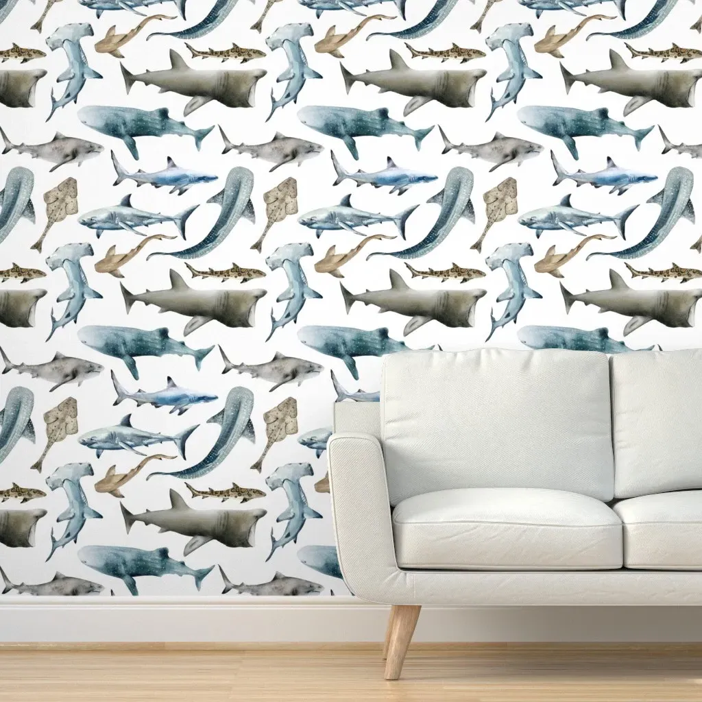 Watercolor Sharks Peel and Stick Wallpaper - Blue product