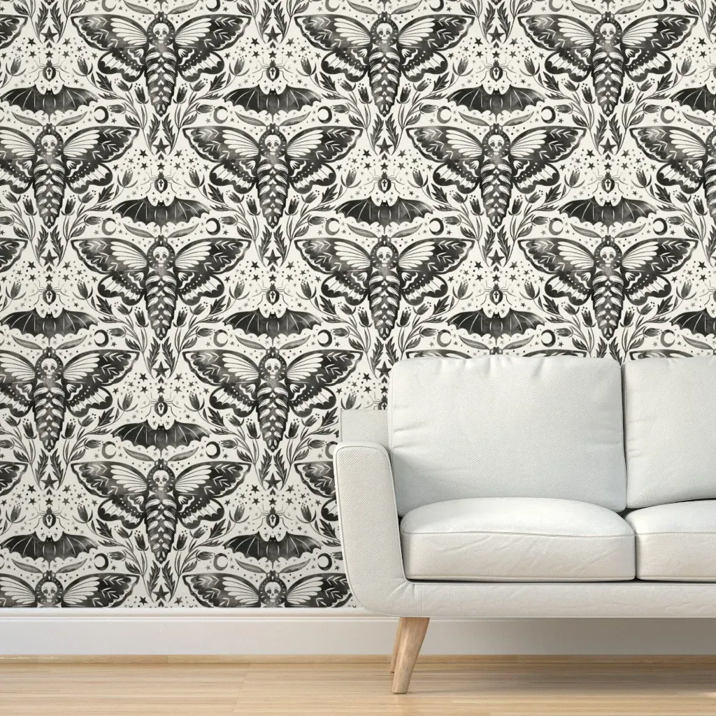 Watercolor Skull Moth Damask Peel and Stick Wallpaper - White, Black product