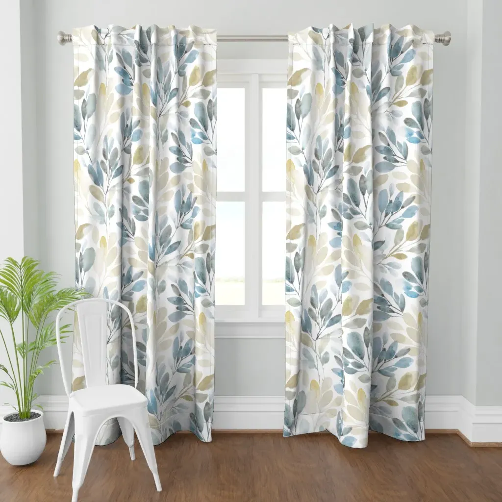 Watercolor Sprigs Muted Curtain Panel - Dusty Blue product
