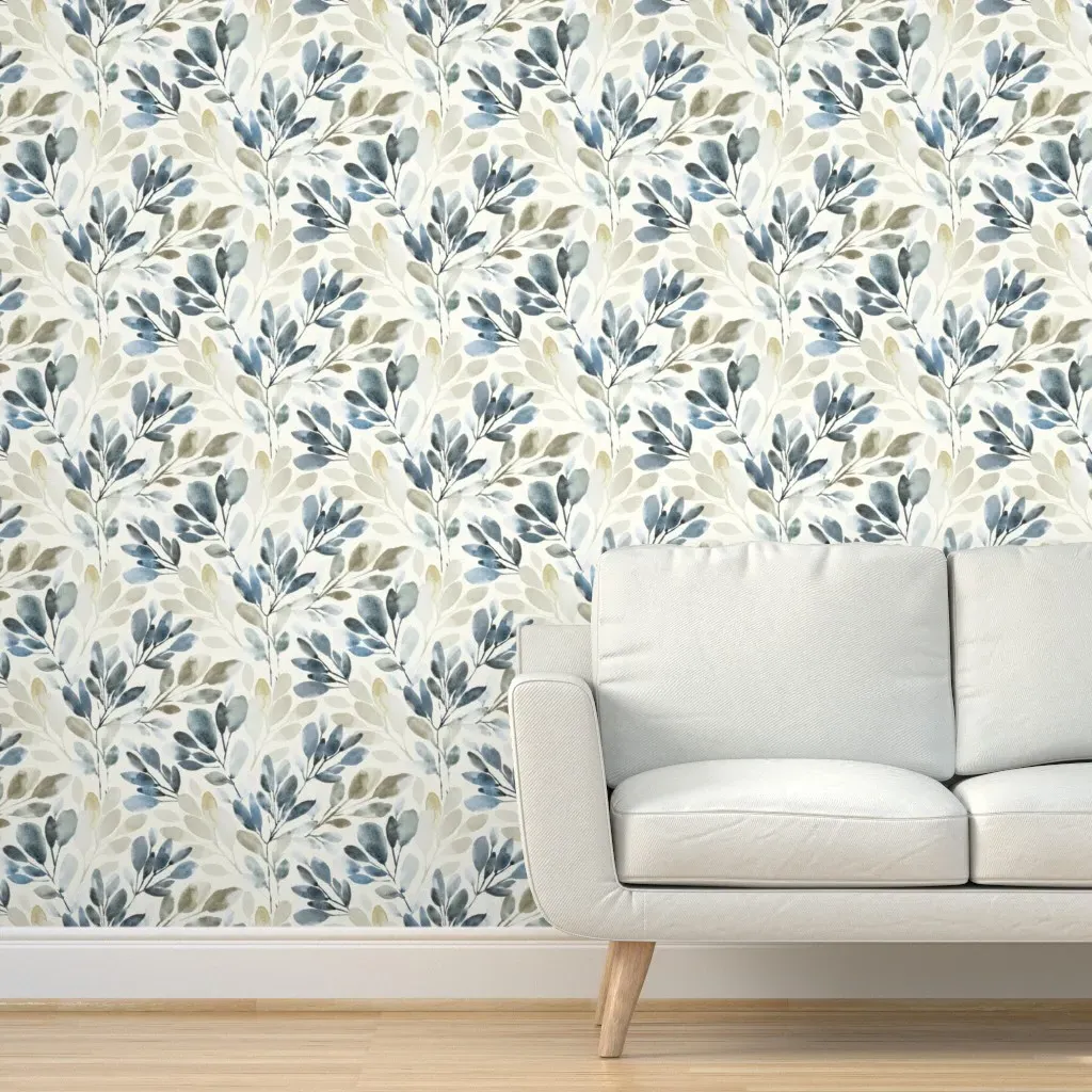 Watercolor Sprigs Peel and Stick Wallpaper - Dusty Blue, Cream product