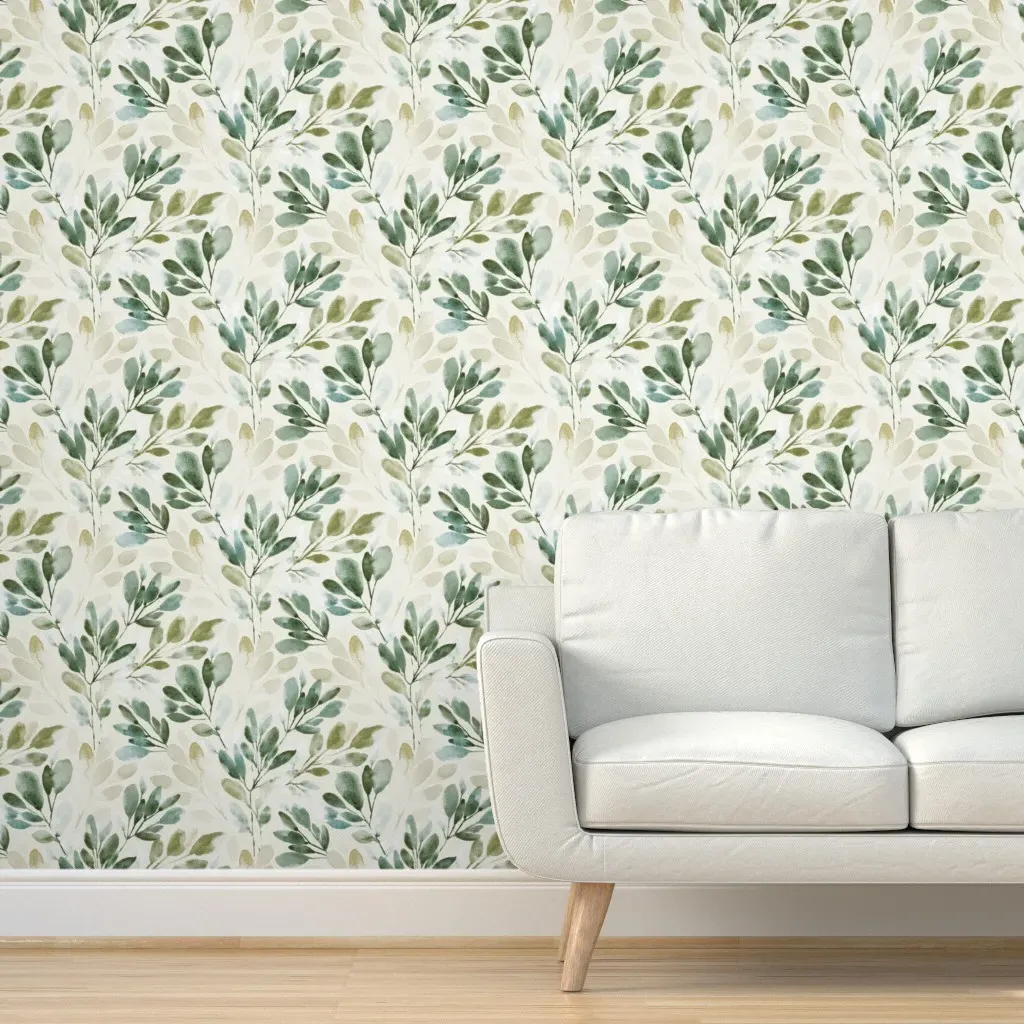 Watercolor Sprigs Peel and Stick Wallpaper - Sage Green, Cream product
