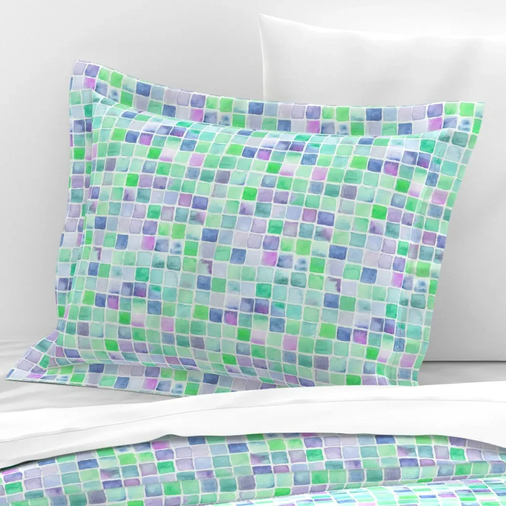 Watercolor Squares Standard Flanged Pillow Sham - Green, Cotton Sateen product