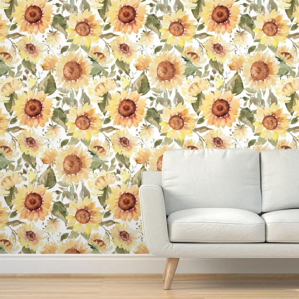 Watercolor Sunflowers Peel and Stick Wallpaper - Brown, White product