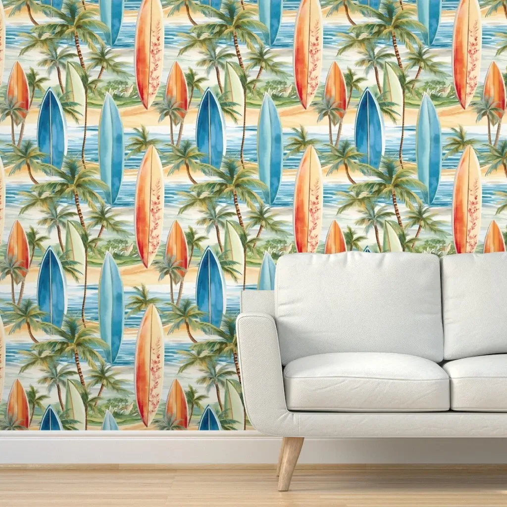 Watercolor Surfboards Tropical Pastels Peel and Stick Wallpaper product