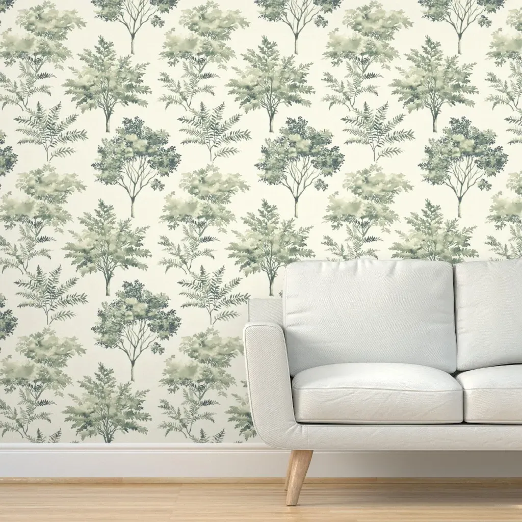 Watercolor Trees & Ferns Botanical Peel and Stick Wallpaper - Sage Green product