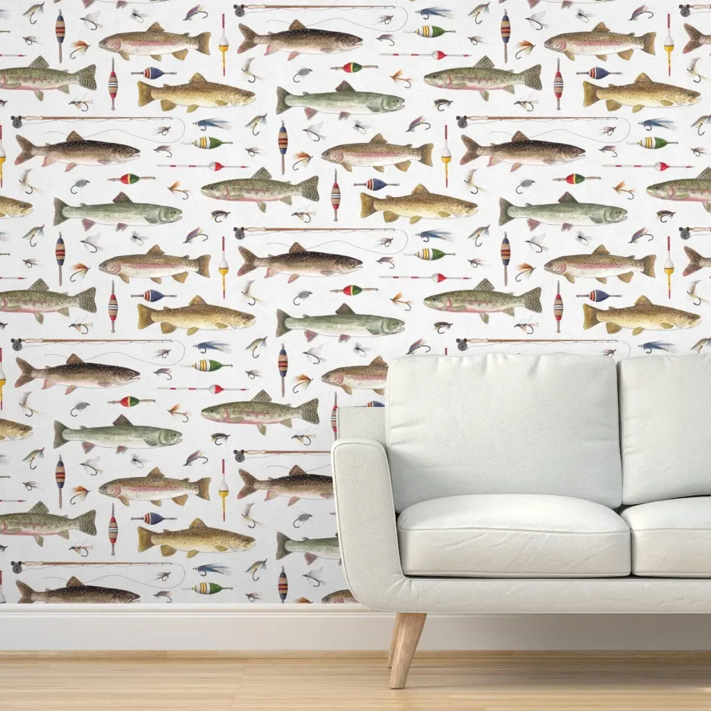 Watercolor Trout Fishing Peel and Stick Wallpaper - Green product