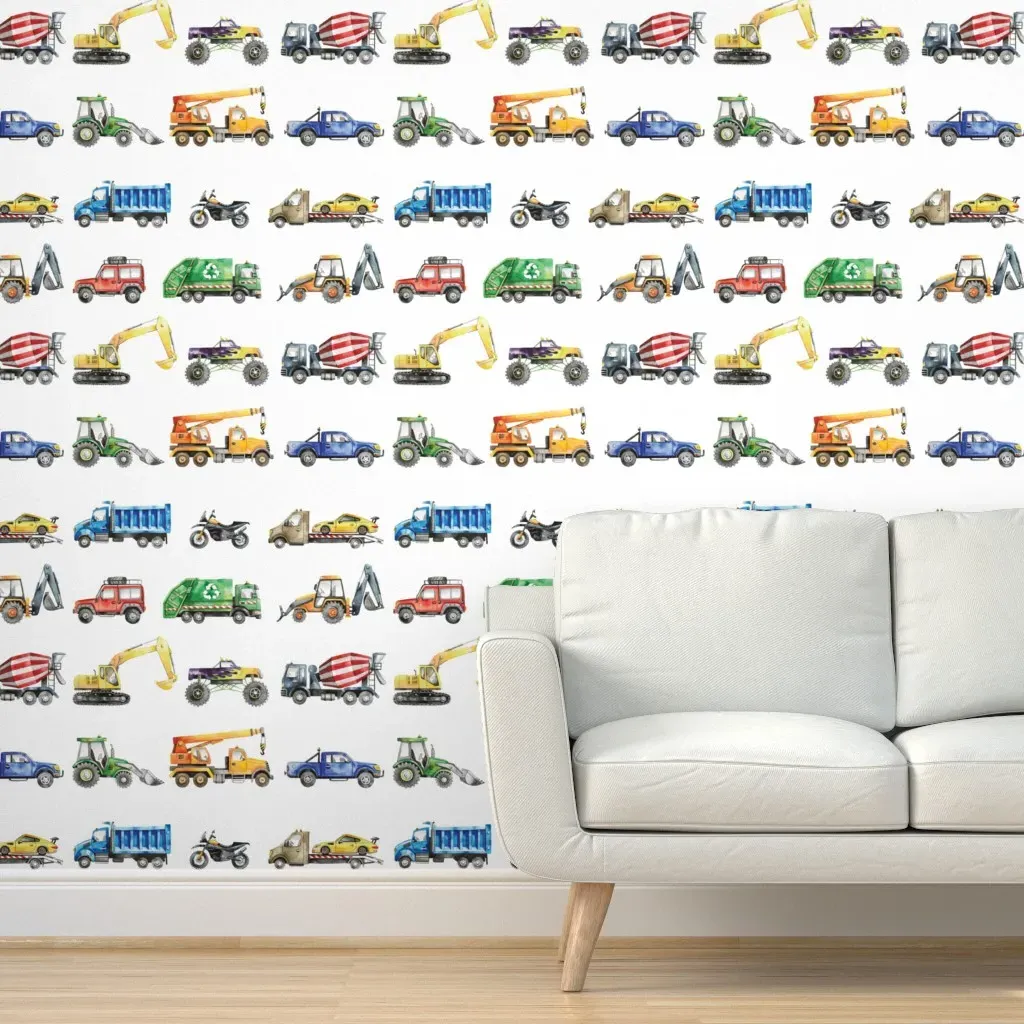 Watercolor Trucks And Cars Peel and Stick Wallpaper - Yellow product