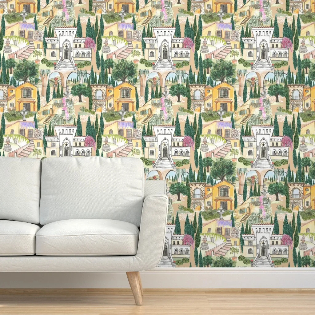 Watercolor Tuscan Villas Peel and Stick Wallpaper - Beige product