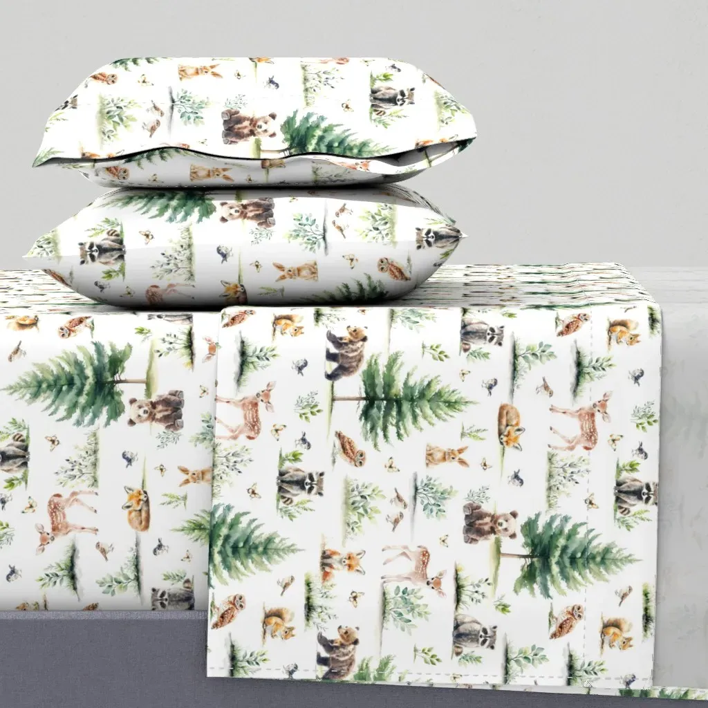 Watercolor Whimsical Woodland Animals Queen Sheet Set - Green product