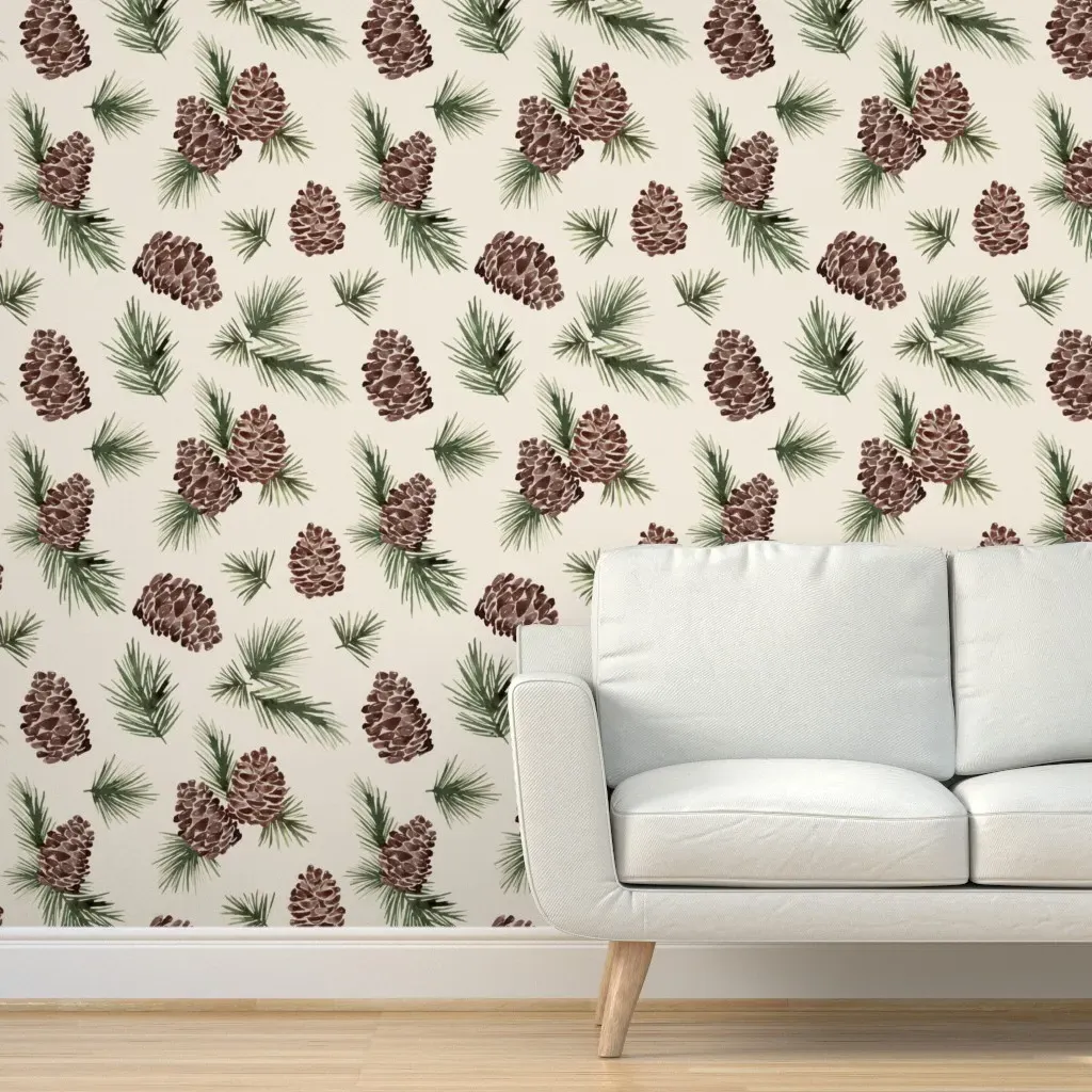 Watercolor Winter Pinecones Peel and Stick Wallpaper - Green product