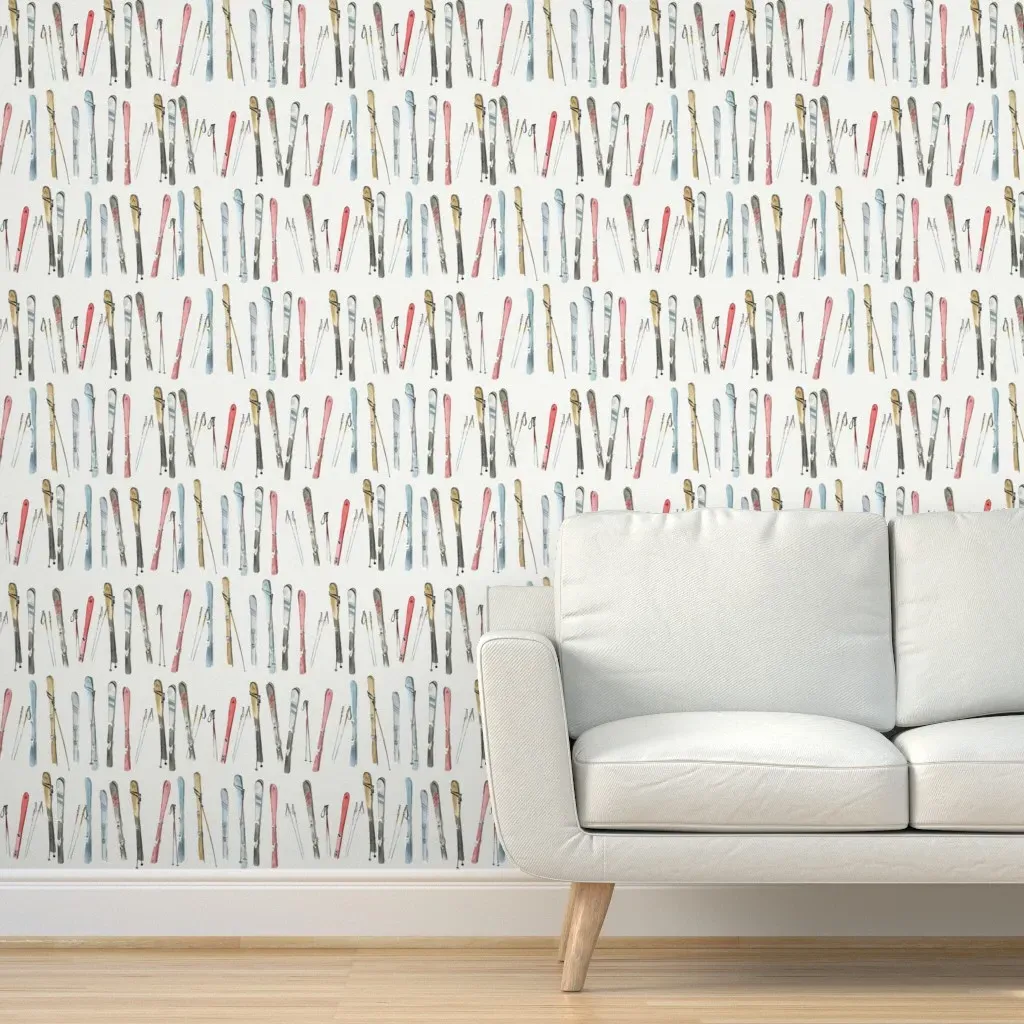 Watercolor Winter Snow Skis XL Peel and Stick Wallpaper - Off-White product