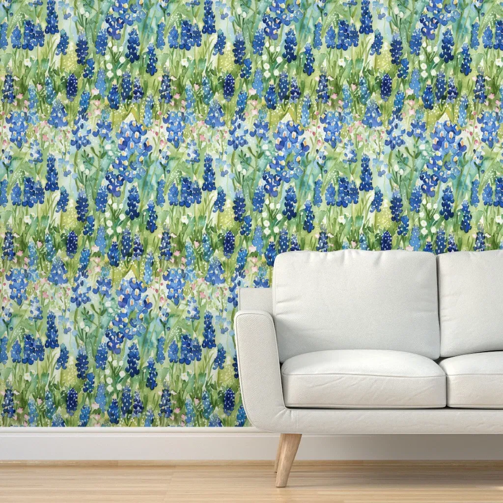 Watercolour Bluebonnets & Lily of the Valley Peel and Stick Wallpaper - Blue product