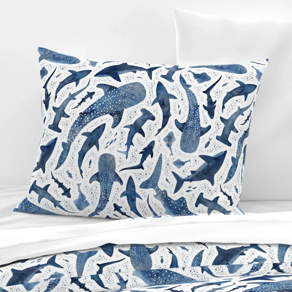 Watercolour Shark Ocean Standard Cushion Cover - Indigo, Cotton product