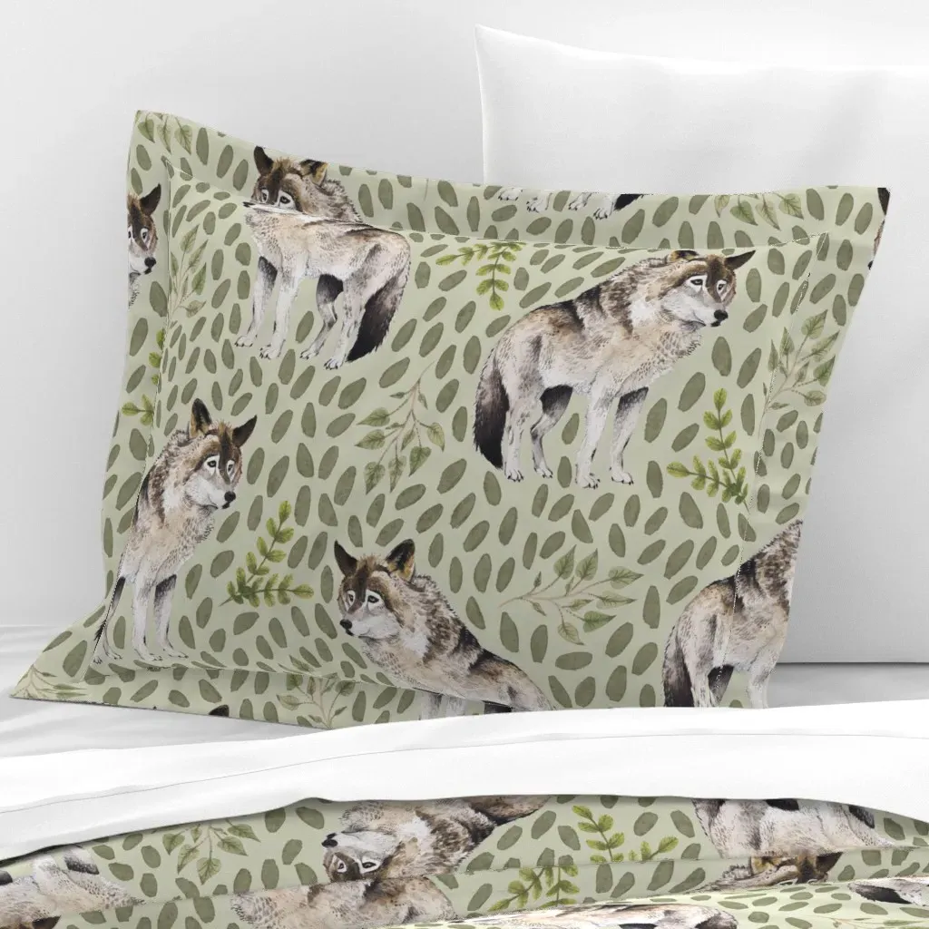Watercolour Wolf Pack With Leaves Standard Flanged Cushion - Olive Green, Cotton Sateen product