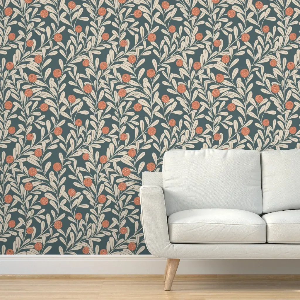 Waved Vines And Fruit Peel and Stick Wallpaper - Dusky Blue, Terracotta product