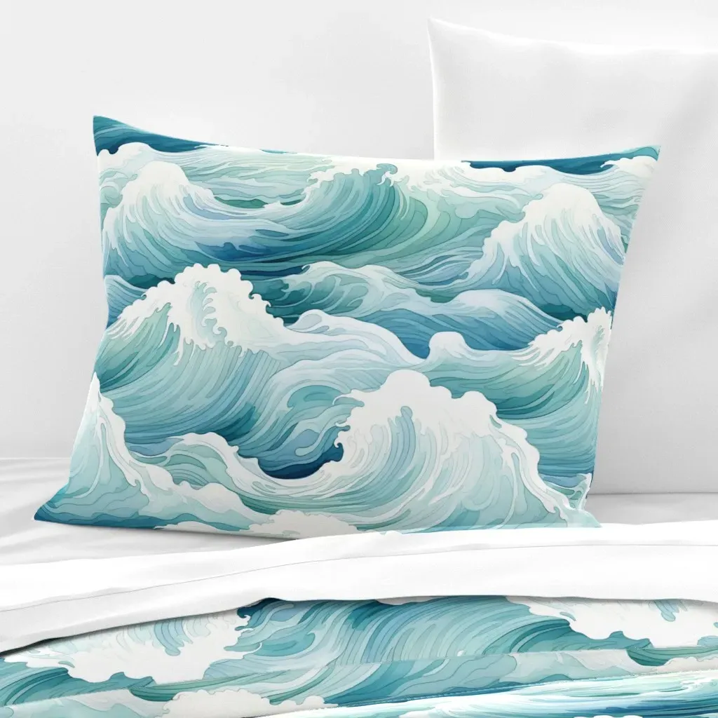 Waves Ocean Water Standard Knife Edge Cushion Cover - Teal, Cotton product