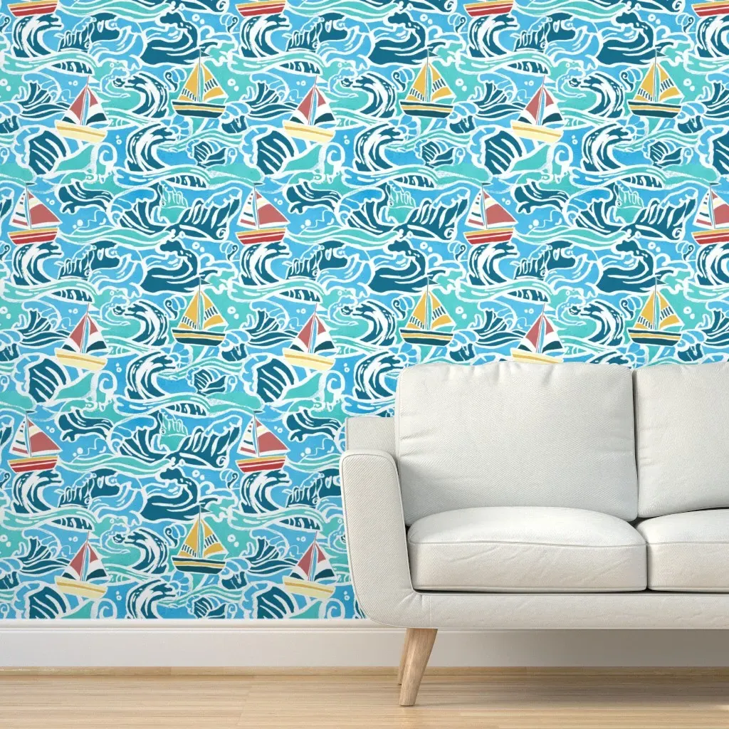 Waves & Sailboats Peel and Stick Wallpaper - Teal product