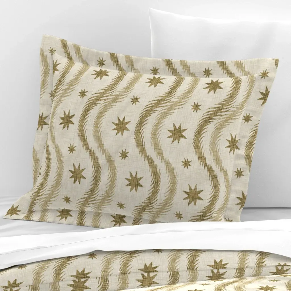 Wavy Ikat Stripes Stars Standard Flanged Pillow - Gold, Cotton Sateen product