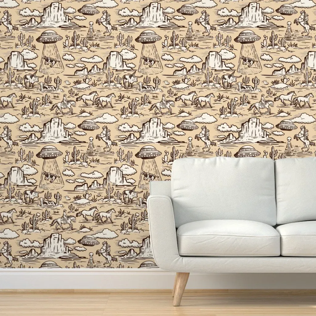 Western Alien Abduction Toile De Jouy Peel and Stick Wallpaper - Beige product