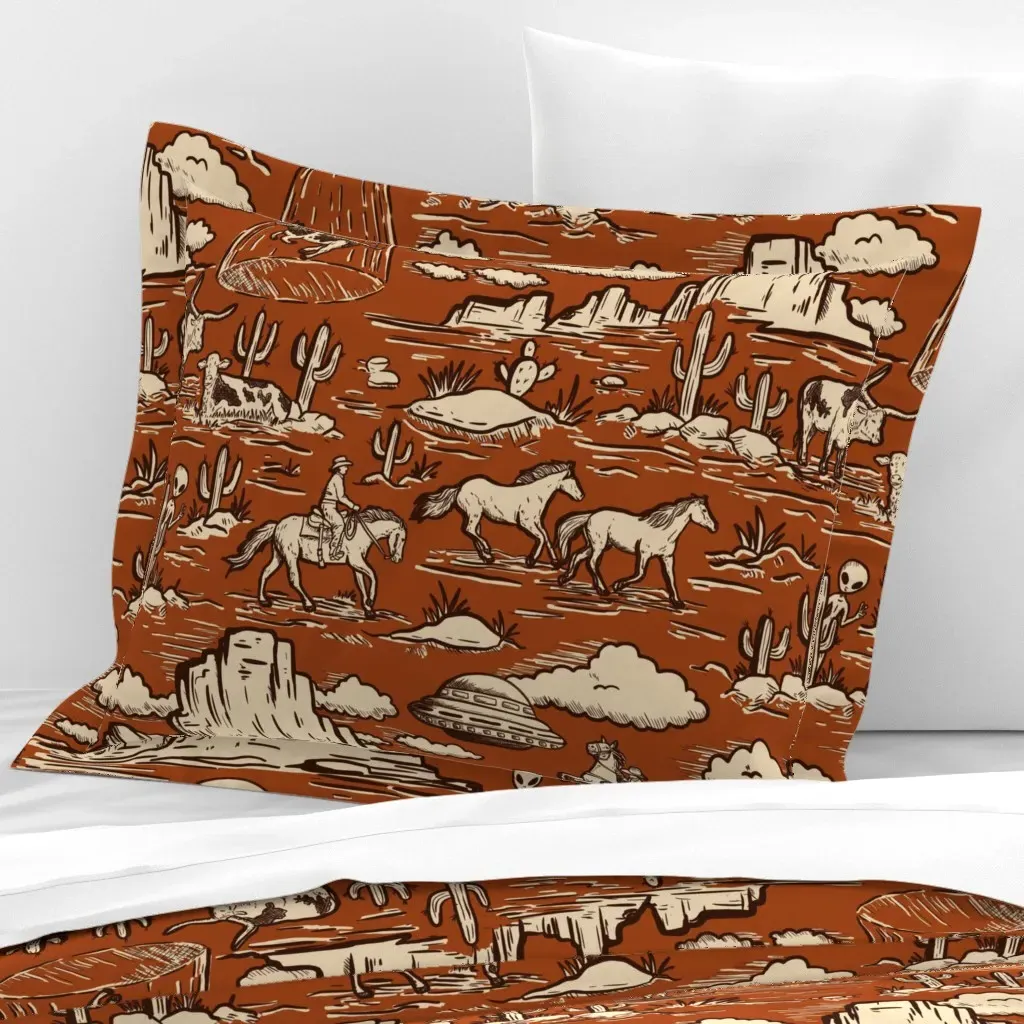 Western Alien Abduction Toile De Jouy Standard Flanged Pillow Sham - Burnt Orange, Cotton Sateen product