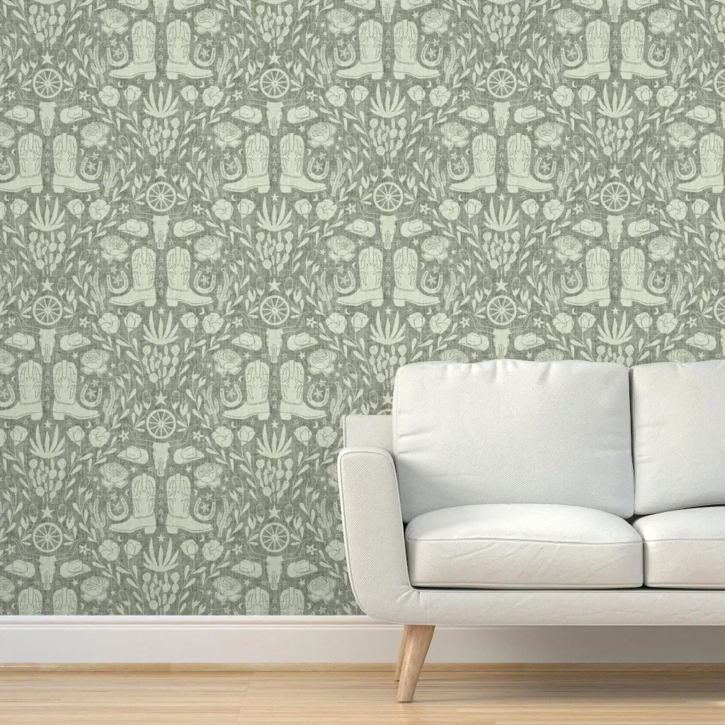 Western Americana Cowboy Boots Peel and Stick Wallpaper - Sage Green product