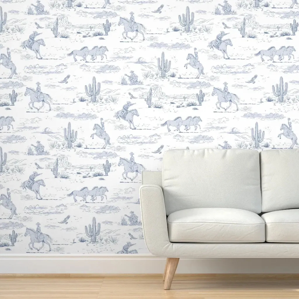 Western Americana Cowboys Nightsky Toile Peel and Stick Wallpaper - Delft Blue product