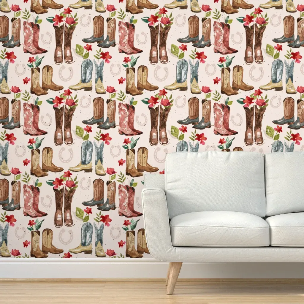 Western Boots on Pink Peel and Stick Wallpaper - Beige product