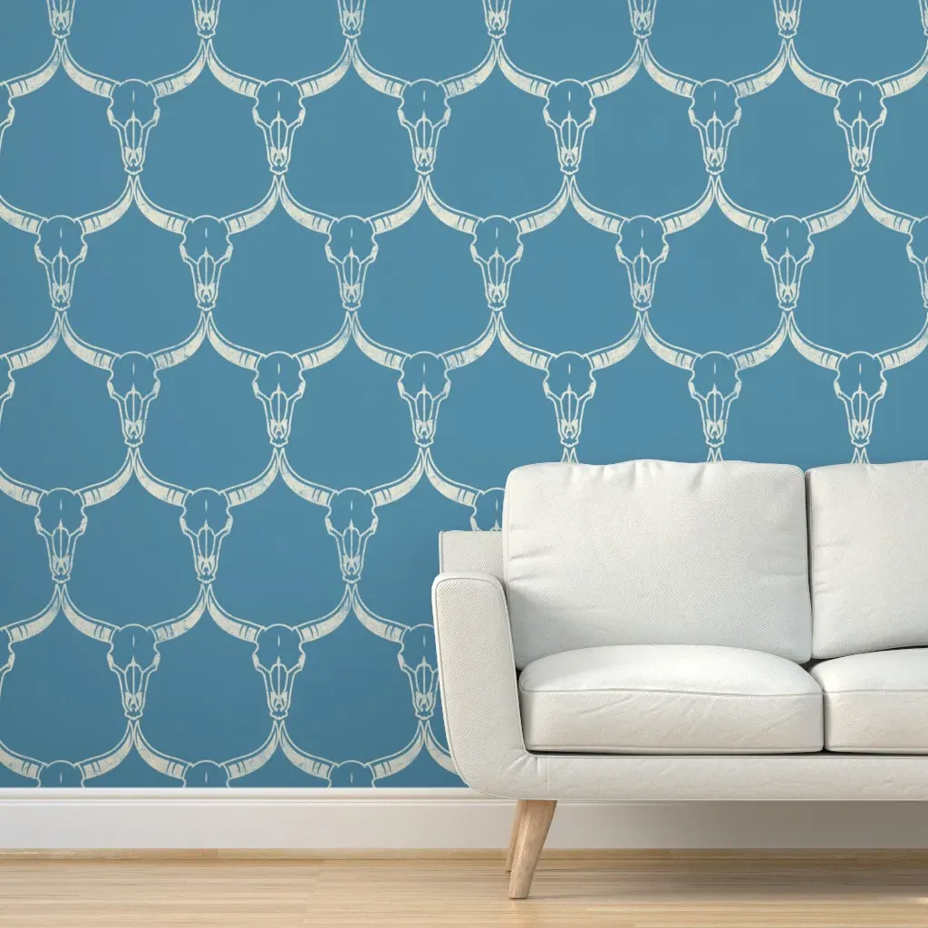 Western Bull Skull Peel and Stick Wallpaper - Off-White on Blue product