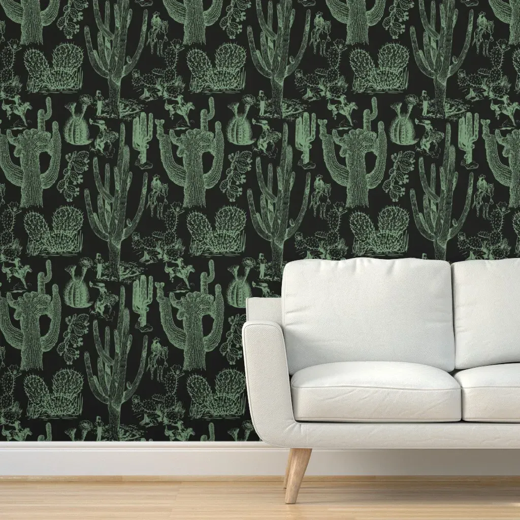 Western Cactoile Cowgirls Peel and Stick Wallpaper - Sage Green, Black product