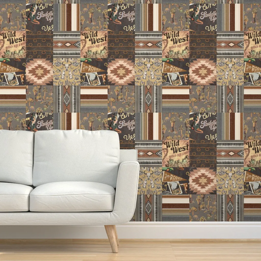 Western Cowboy Collage Cheater Quilt Peel and Stick Wallpaper - Brown product