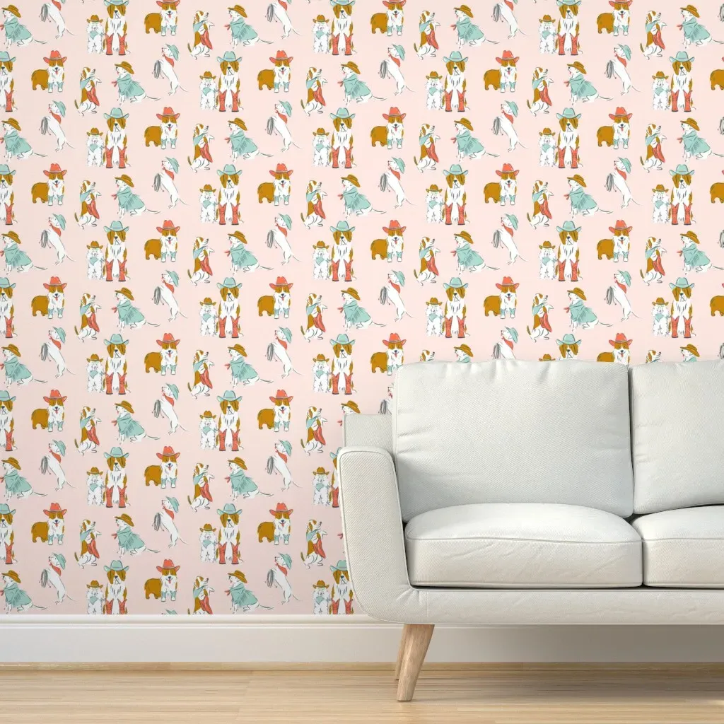 Western Cowboy Dogs Peel and Stick Wallpaper - Light Pink product