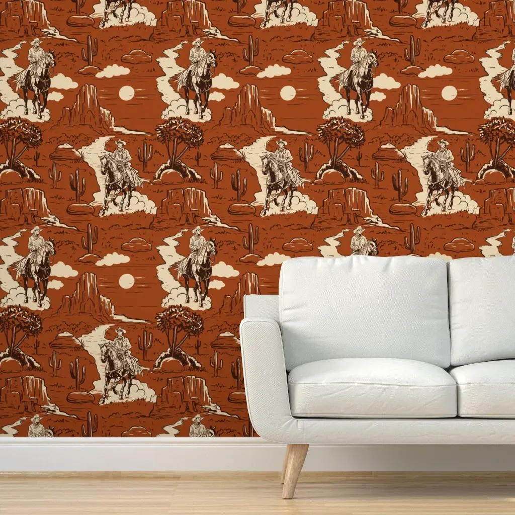 Western Cowboy Toile Peel and Stick Wallpaper - Burnt Orange product