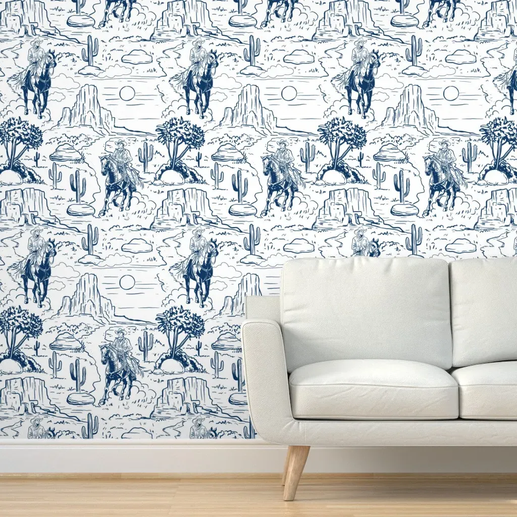 Western Cowboy Toile Peel and Stick Wallpaper - Navy Blue product